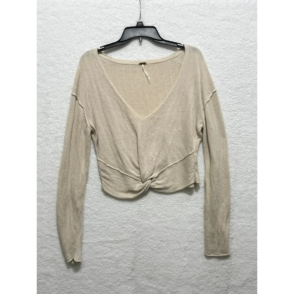 Free People Knot Front Long Sleeve Top Ribbed Knit‎ Crop Beige Medium